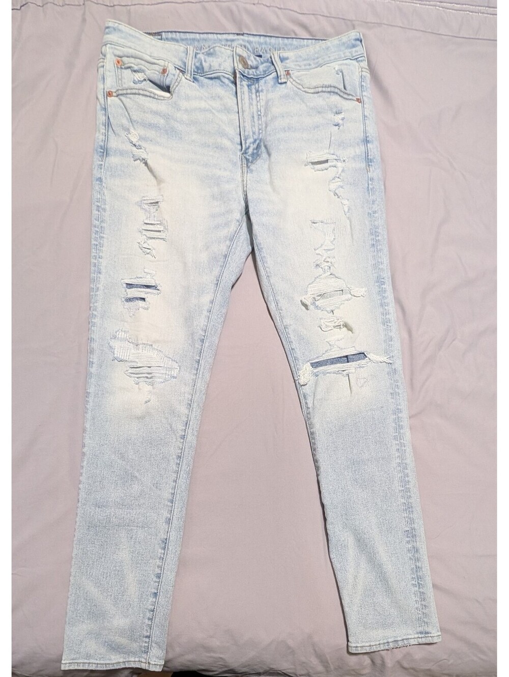 American Eagle Men's Athletic Skinny Jeans 34x32 Distressed Light Wash Ripped